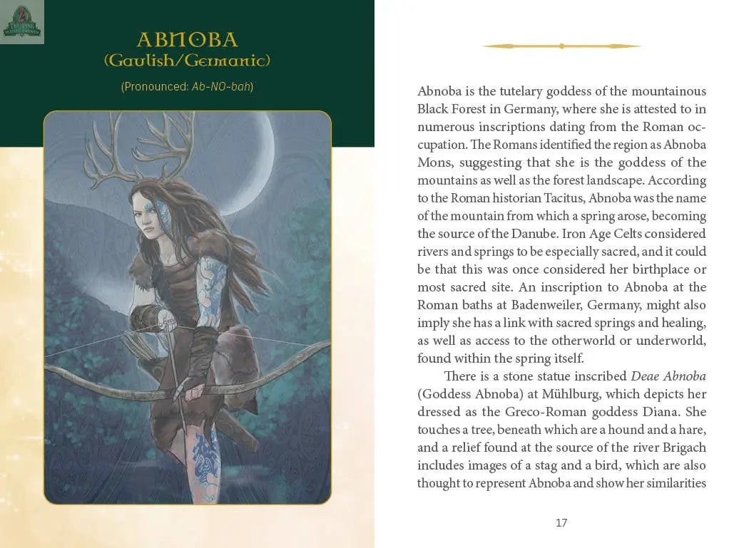 A page from the Celtic Goddesses, Witches, and Queens Oracle by REDFeather features Abnoba (Gaulish/Germanic) with a pronunciation guide, description as a tutelary goddess of Germany, and references to springs and sacred sites. Green and cream background.