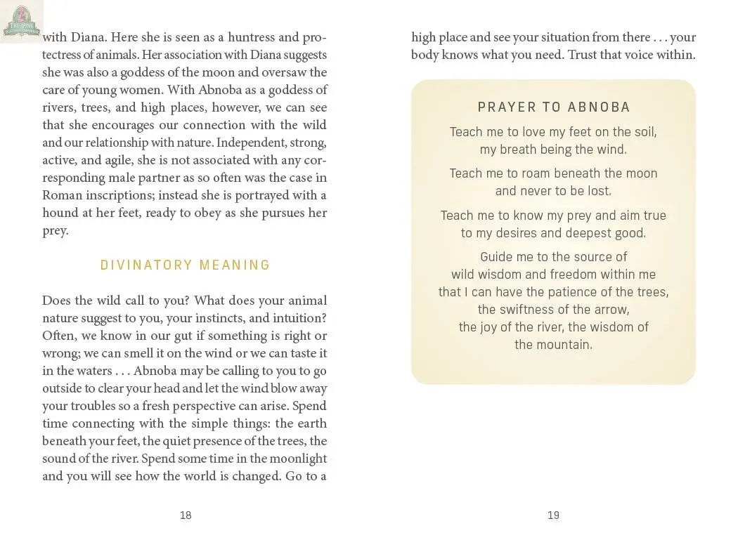 A spread from the Celtic Goddesses, Witches, and Queens Oracle by REDFeather features Diana’s divinatory meaning from Celtic traditions on the left page, and advice with a "Prayer to Abnoba" for guidance, wisdom, and freedom on the right.