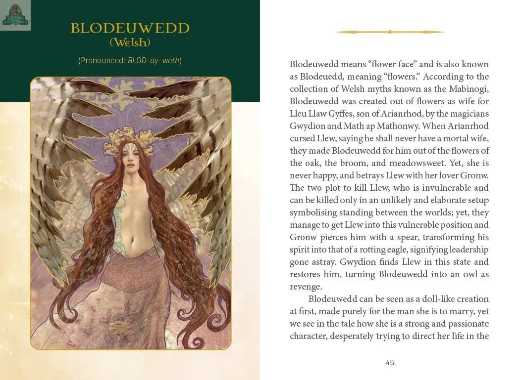 An illustration from REDFeather's "Celtic Goddesses, Witches, and Queens Oracle" depicts Blodeuwedd—a mythical woman with owl wings, a floral crown, and flowing hair—among flowers and branches, exploring her Celtic mythological origins.