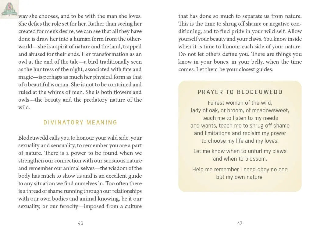 A spread from the Celtic Goddesses, Witches, and Queens Oracle by REDFeather features text on Blodeuwedd’s symbolism and divinatory meaning on the left page, and a beige box with a prayer and Celtic oracle guidance on the right.