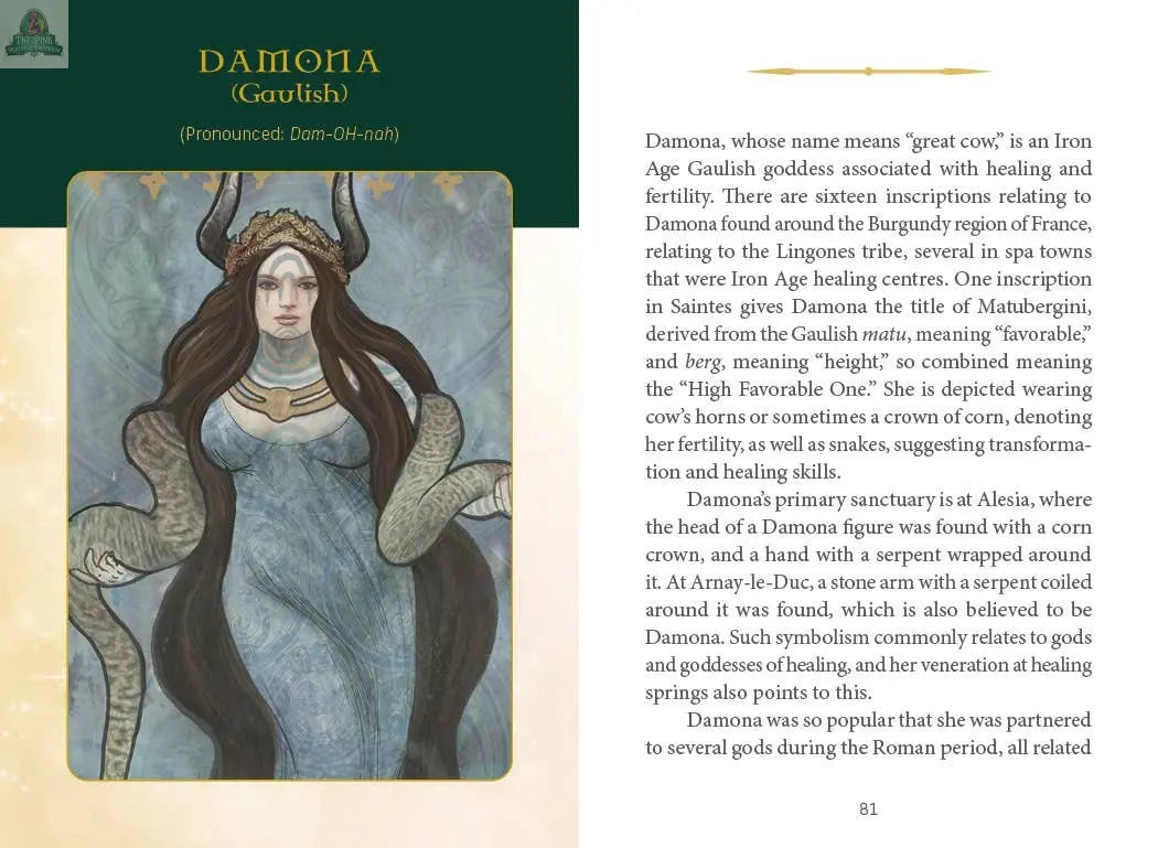 A page from the "Celtic Goddesses, Witches, and Queens Oracle" by REDFeather features Damona, a Gaulish goddess, illustrated as a horned woman with cows and text on her name, fertility links, and Iron Age significance.