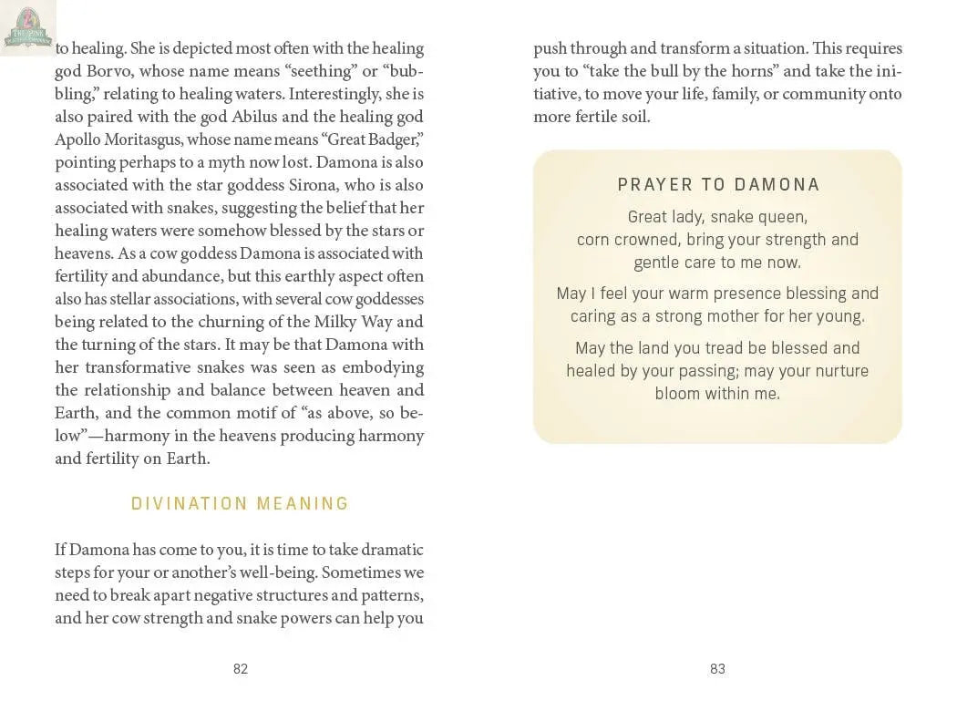 Two pages from the REDFeather Celtic Goddesses, Witches, and Queens Oracle highlight Damona: the right showcases a "Prayer to Damona" poem, while the left delves into her mythology and offers divination guidance for your oracle practice.