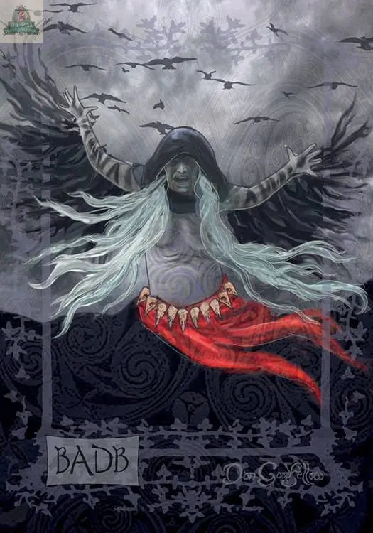 A mystical figure inspired by Celtic goddesses from the REDFeather "Celtic Goddesses, Witches, and Queens Oracle" has white hair, dark wings, a tooth necklace, red cloth, and "BADB" below her as birds fly through a cloudy sky.