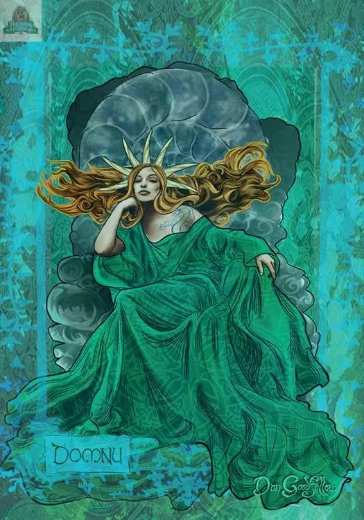 On the Celtic Goddesses, Witches, and Queens Oracle by REDFeather, an illustrated woman with flowing hair and a crown reclines on a throne in a green gown amid ornate teal patterns and clouds, with “Danu” at the bottom.