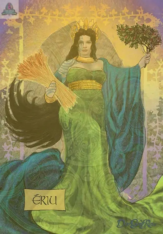 A regal woman in green and blue robes with a golden crown, holding wheat and a branch, represents Ériu. Inspired by Celtic goddesses, this image appears in the REDFeather "Celtic Goddesses, Witches, and Queens Oracle." Golden tones complete the scene.