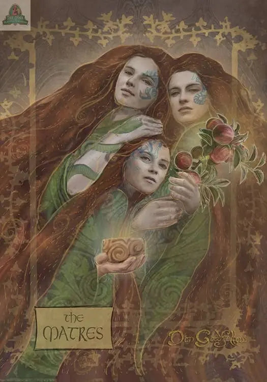 Three women with flowing red hair and green robes stand together—one holds apples, another a bowl. Soft golden light and mystical symbols evoke Celtic goddesses on the Celtic Goddesses, Witches, and Queens Oracle by REDFeather.