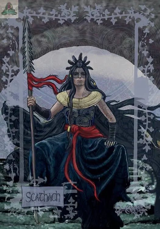 A woman in dark robes sits on a throne, holding a spear with a red ribbon, crowned by the sun—evoking Celtic mythology. "Scathach" appears below. Featured in the Celtic Goddesses, Witches, and Queens Oracle by REDFeather.