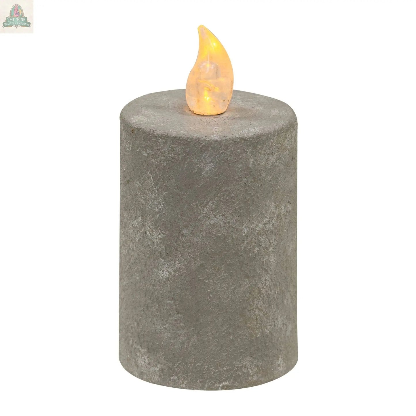 The Cement Look Timer Pillar 2.25 x 4 is a gray, cylindrical battery-operated candle with a textured finish and an artificial flame, ideal for farmhouse decor.