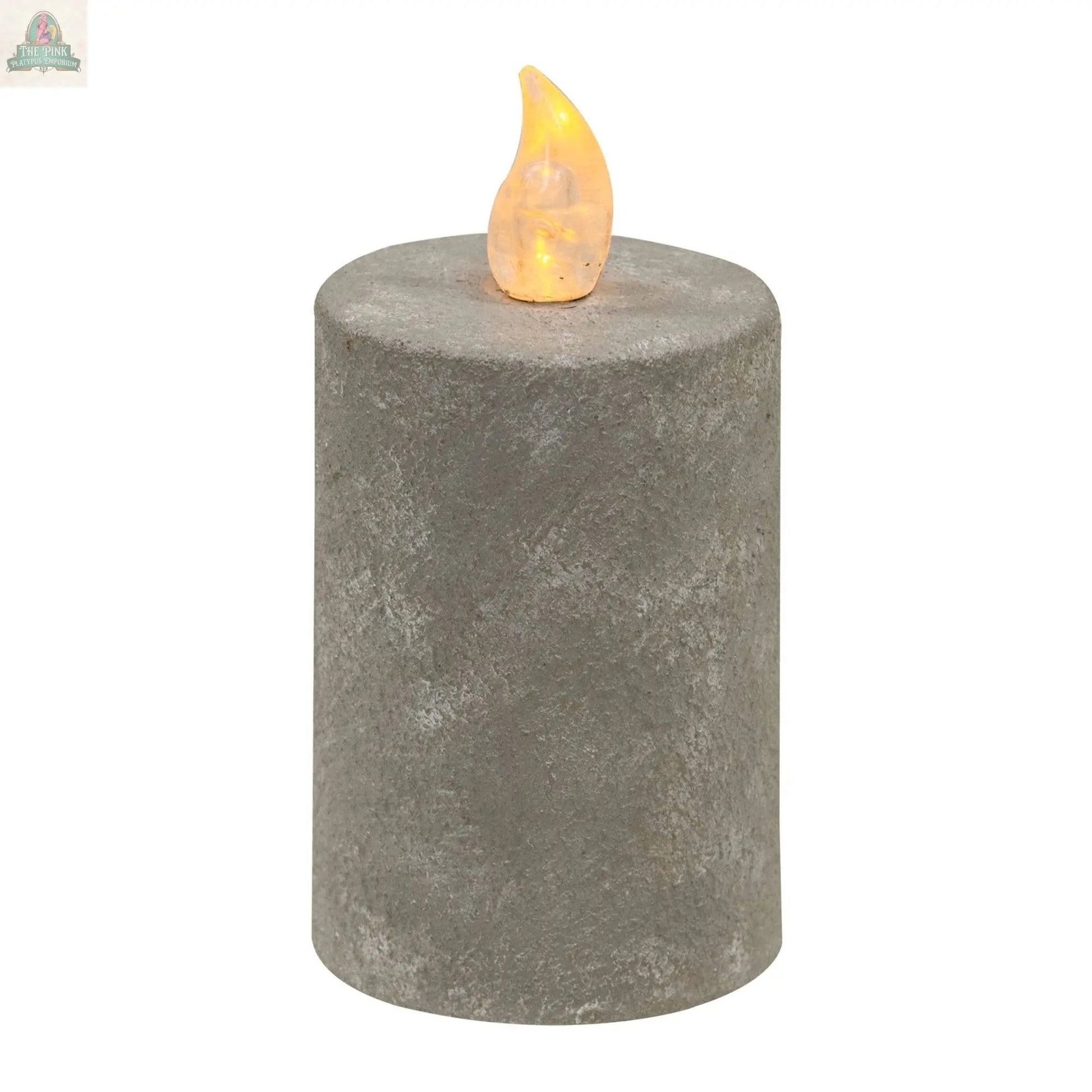 The Cement Look Timer Pillar 2.25 x 4 is a gray, cylindrical battery-operated candle with a textured finish and an artificial flame, ideal for farmhouse decor.