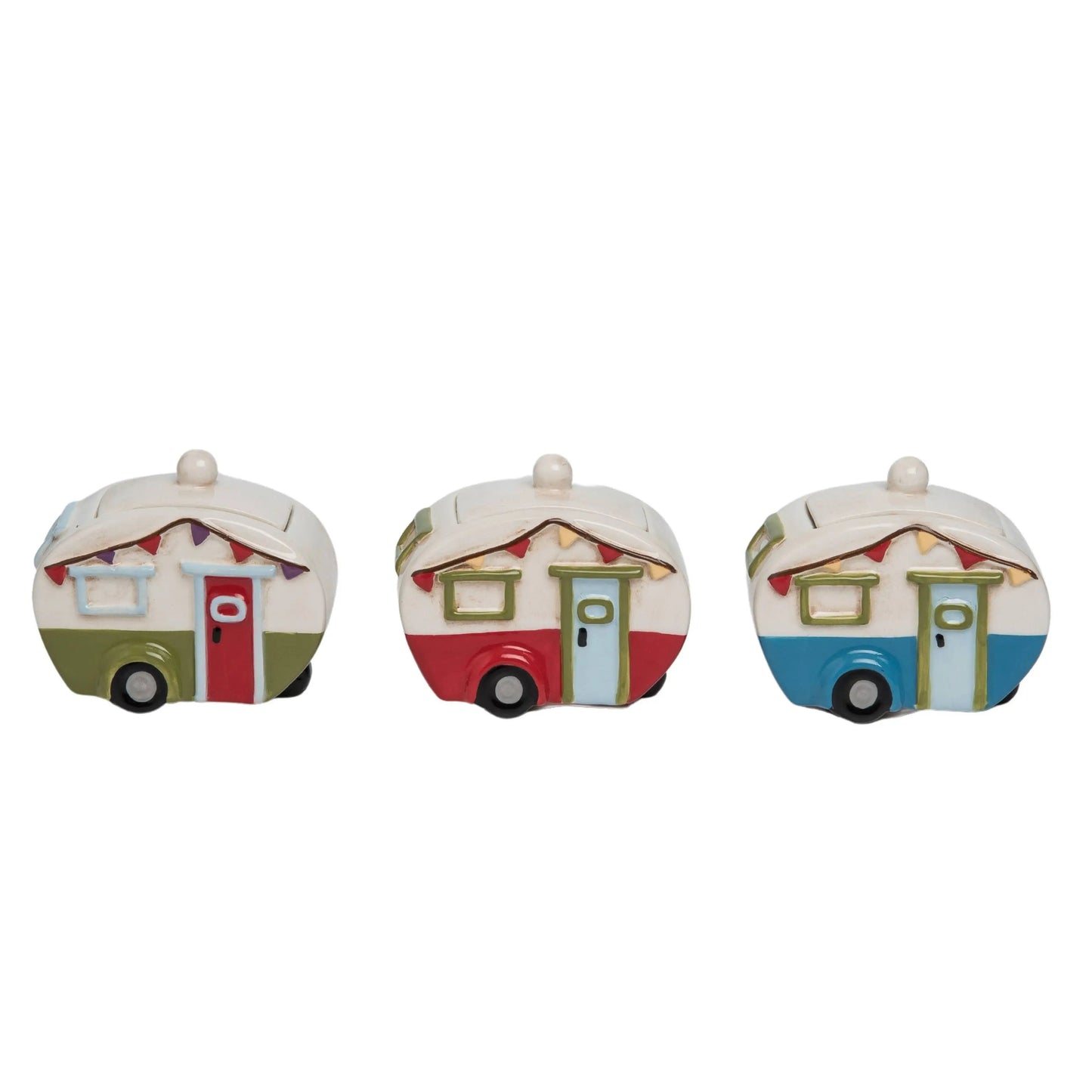Three Ceramic Camper Containers with Lids—green and red, red and white, and blue and white—are displayed side by side against a white background, adding a playful, retro touch to your spring home decor.