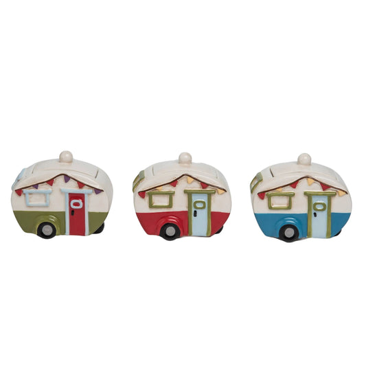 Three Ceramic Camper Containers with Lids—green and red, red and white, and blue and white—are displayed side by side against a white background, adding a playful, retro touch to your spring home decor.