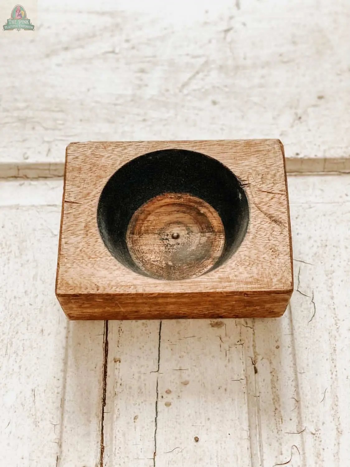 The Cheese Mold - 1 Hole, Candle Pour Ready, Handmade #A - 6.5 features a small rectangular wood bowl with a round, carved-out center and a natural finish that highlights the grain, perfect for candle making or rustic decor.