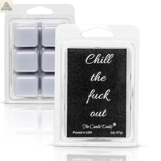 One pack of Chill the Fuck Out Eucalyptus Mint scented wax melts by The Candle Daddy, featuring a white script on black label. Pack contains six white stress relief cubes—ideal for relaxing moments.