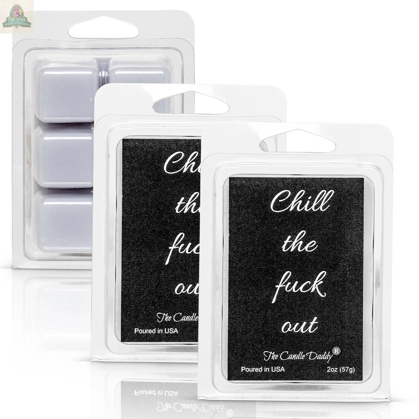 A pack of Chill the Fuck Out - Eucalyptus Mint Scented Wax Melts is shown, featuring six white stress relief wax cubes in a clear plastic clamshell container with a black label. Only one pack of wax melts is included.