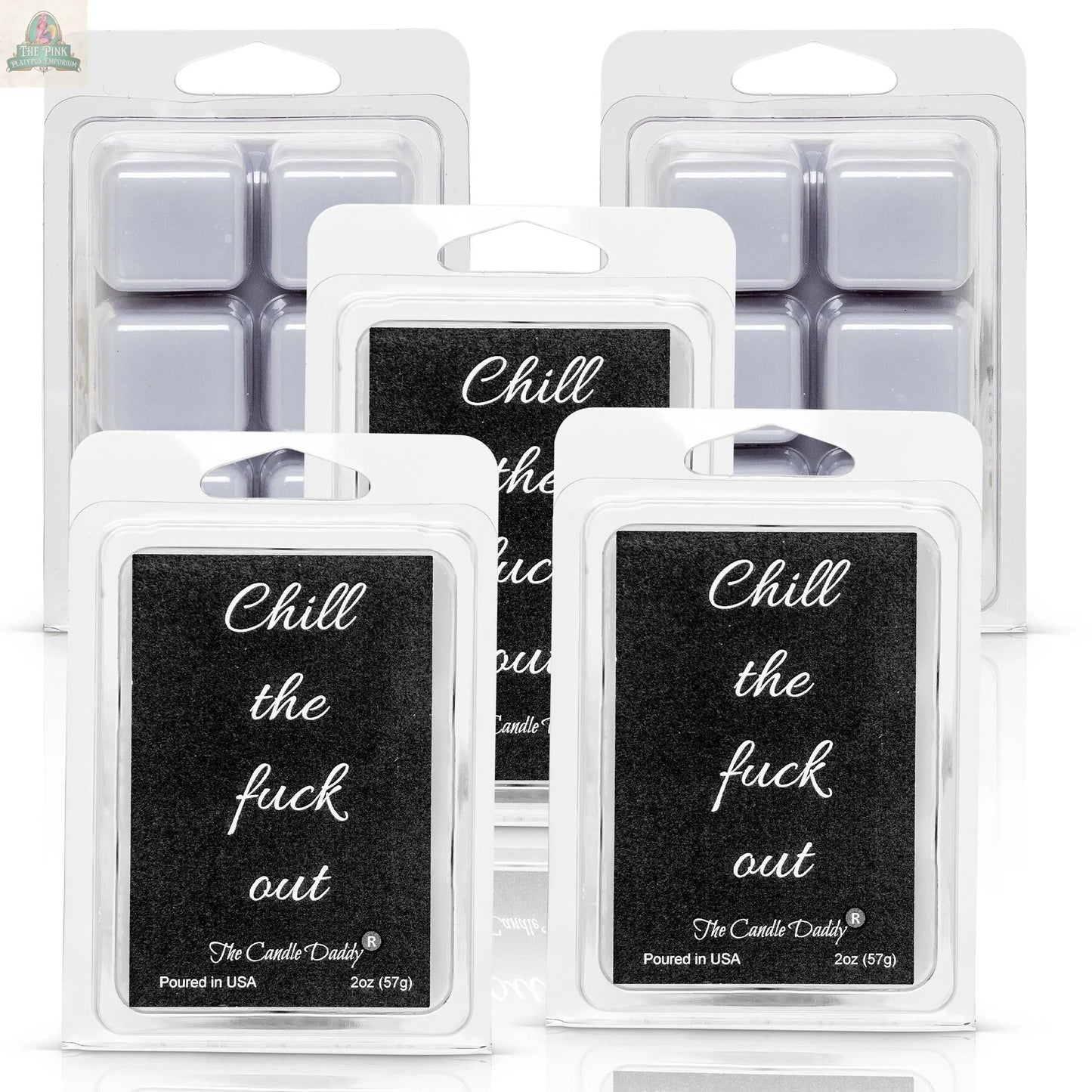 A pack of Chill the Fuck Out - Eucalyptus Mint Scented Wax Melts featuring light purple wax cubes in a plastic clamshell with a black label displaying the product name in white script.