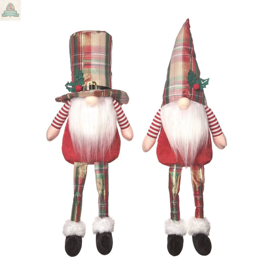Add charm to your holiday décor with two Christmas Plush Plaid Hat Gnome Sitters, featuring white beards, red bodies, plaid hats and legs, plus red and white striped sleeves. Perfect festive accents for Christmas!.