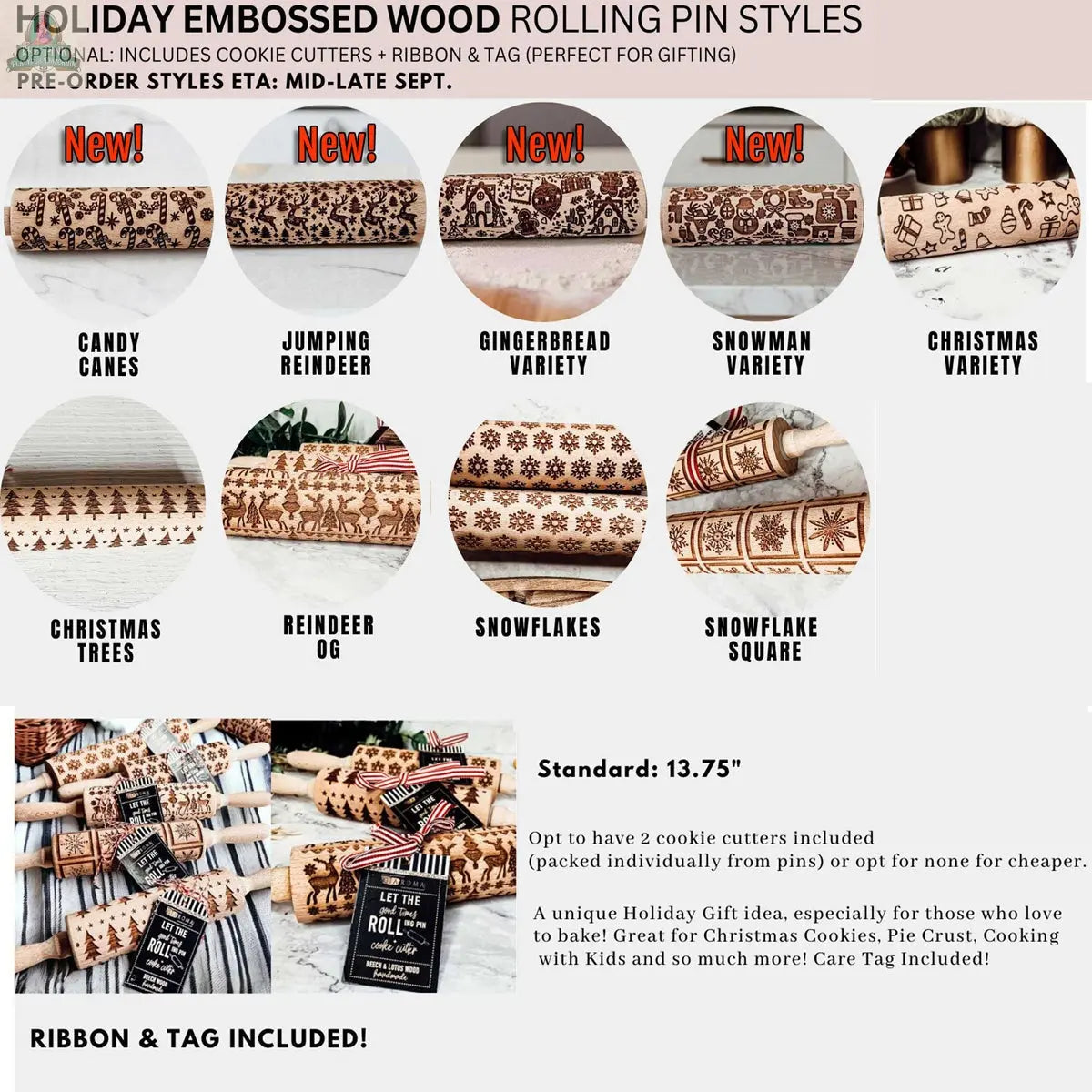 The Christmas Rolling Pin Set | 10 Styles features embossed holiday patterns like reindeer, snowflakes, and trees. Each set includes cookie cutters, ribbon, and tag—making it the perfect festive gift for bakers.