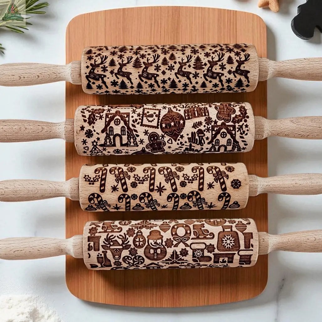 The Christmas Rolling Pin Set | 10 Styles features engraved wooden pins with festive patterns like reindeer and gingerbread houses, perfect for creative holiday baking and a charming gift for anyone who loves unique rolling pin designs.