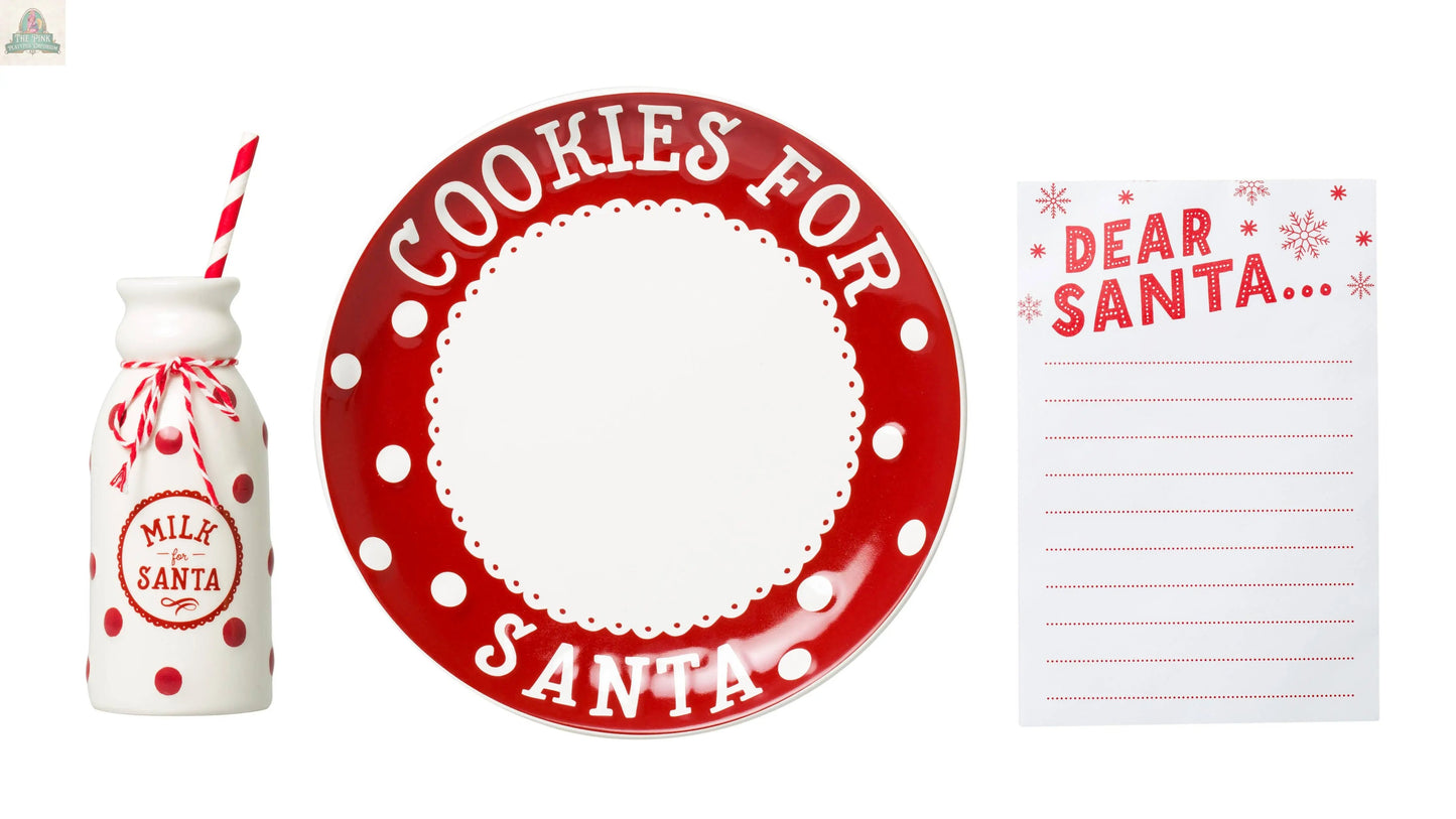 The Christmas Santa's Milk Jug, Plate and Dear Santa Notepad Set includes a milk jug labeled "Milk for Santa," a red and white polka-dot plate reading "Cookies for Santa," and a notepad with "Dear Santa..." at the top.