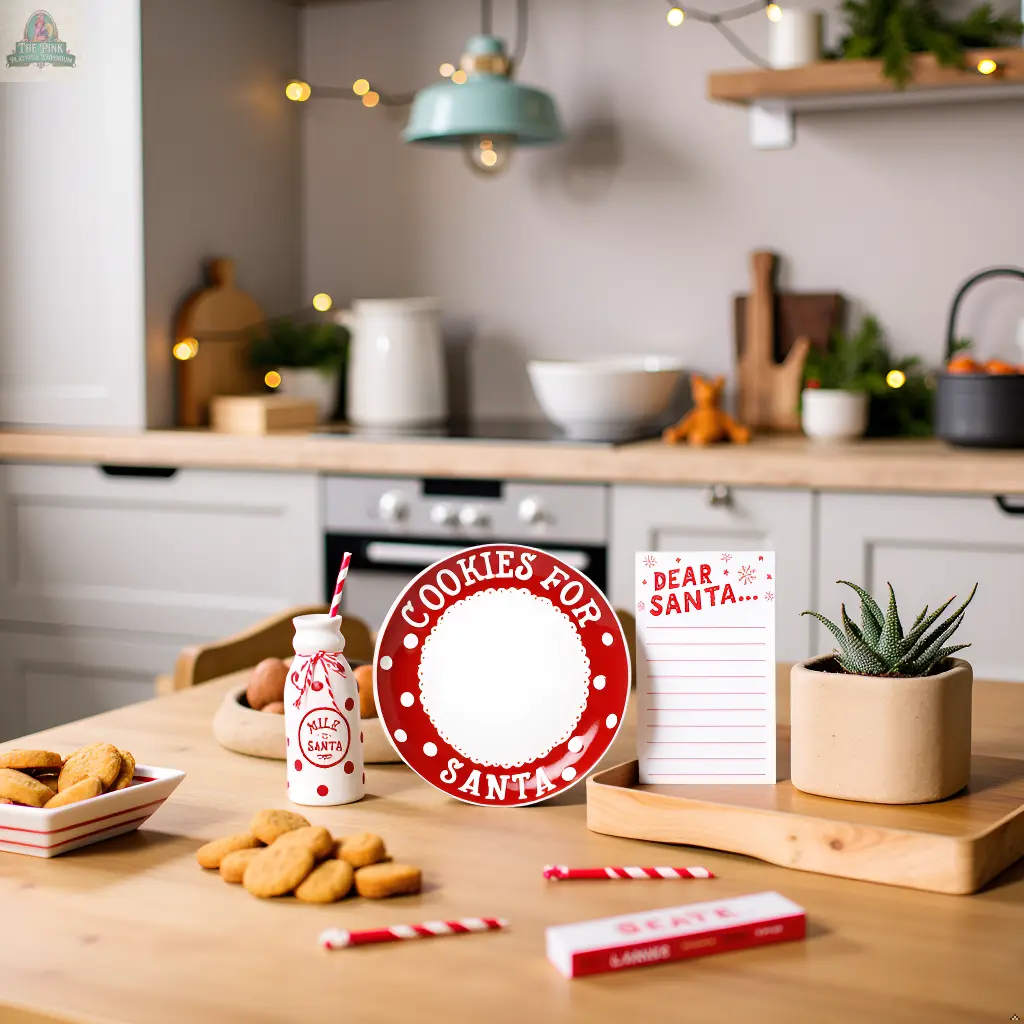 A cozy kitchen displays the Christmas Santa's Milk Jug, Plate and Dear Santa Notepad Set with cookies and candy canes on a wooden table, surrounded by string lights and festive decor for the perfect holiday vibe.
