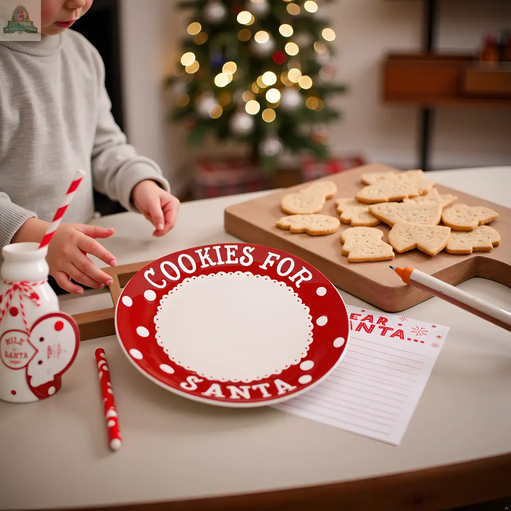 A child prepares Christmas cookies with the Christmas Santa's Milk Jug, Plate and Dear Santa Notepad Set on the table, as a decorated Christmas tree glows in the background.