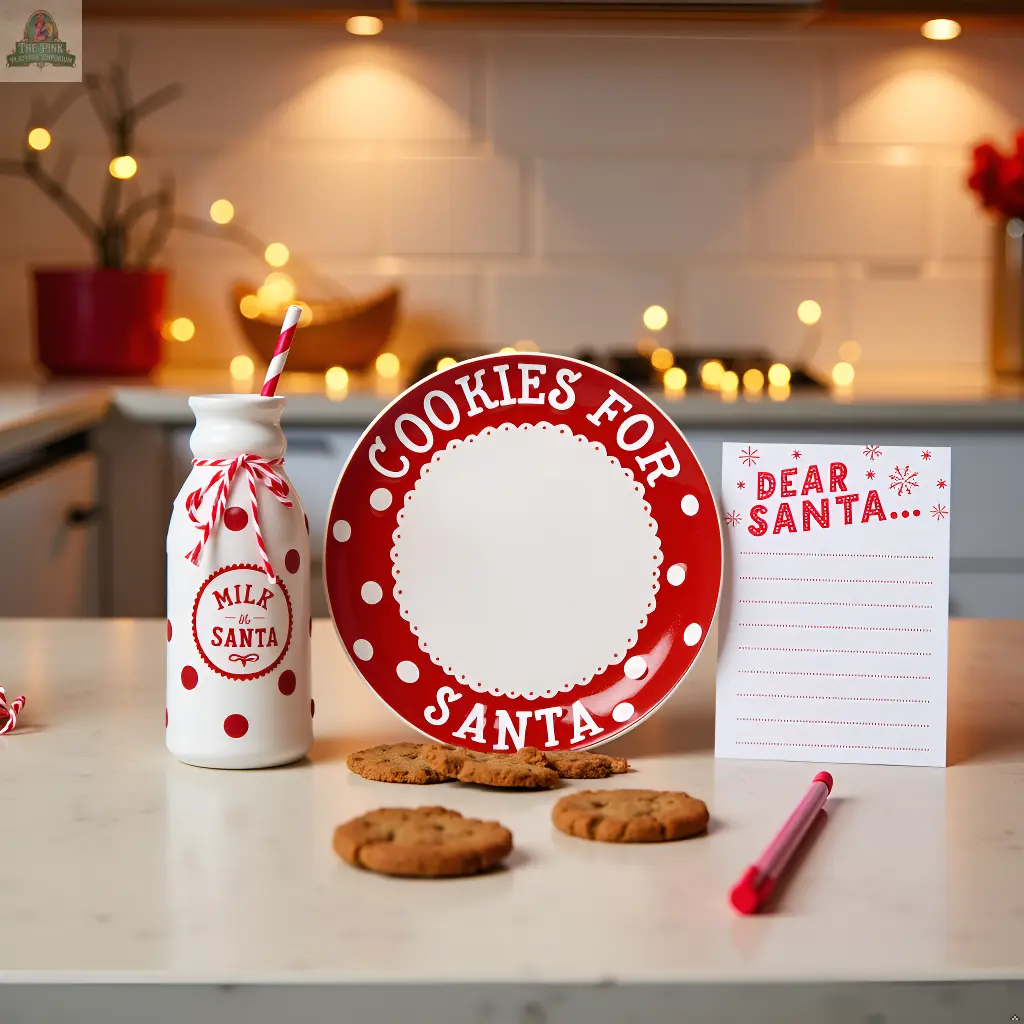 Create a festive kitchen scene with the Christmas Santa's Milk Jug, Plate and Dear Santa Notepad Set, complete with cookies and a wish list under warm lights—perfect for your Christmas Eve traditions.