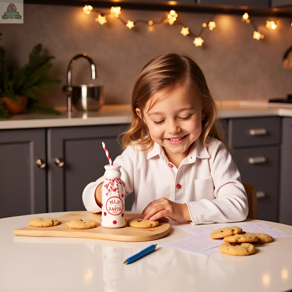 A young girl in a white shirt smiles at the kitchen table, arranging the Christmas Santa's Milk Jug, Plate and Dear Santa Notepad Set. Warm string lights glow in the background, adding to the cozy holiday mood.