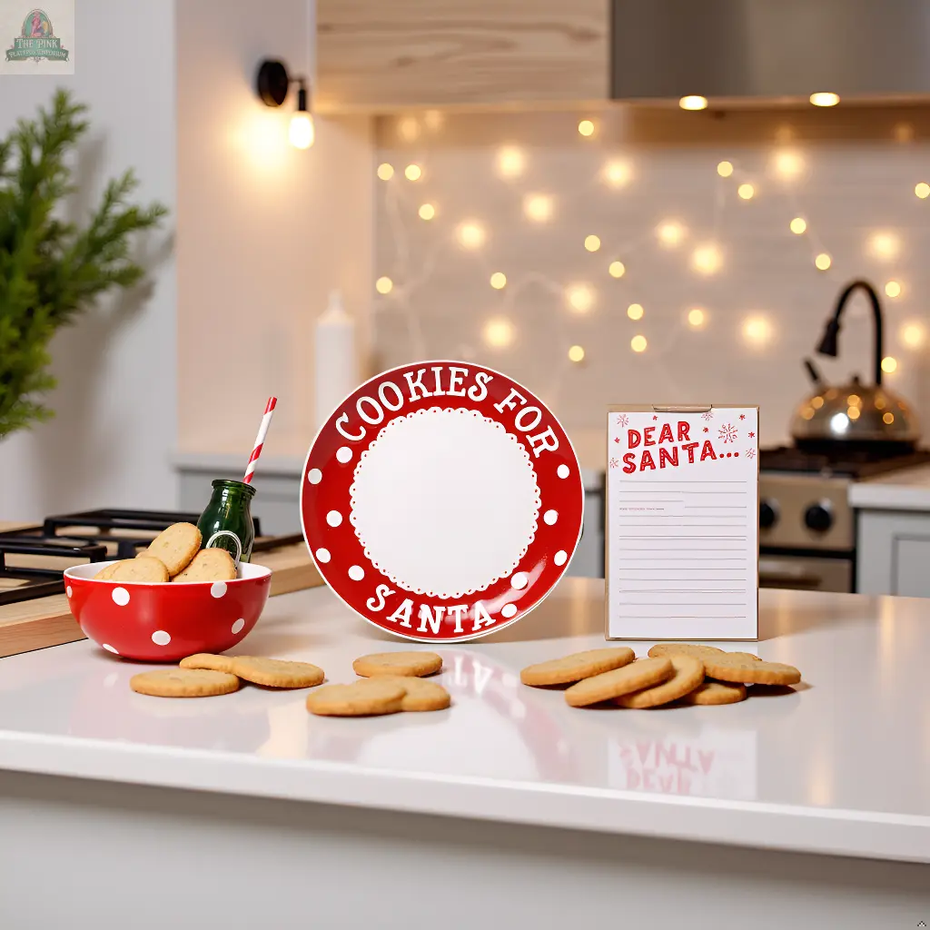 A kitchen counter displays the Christmas Santa's Milk Jug, Plate, and Dear Santa Notepad Set with cookies and milk, while string lights and a kettle glow softly in the background.