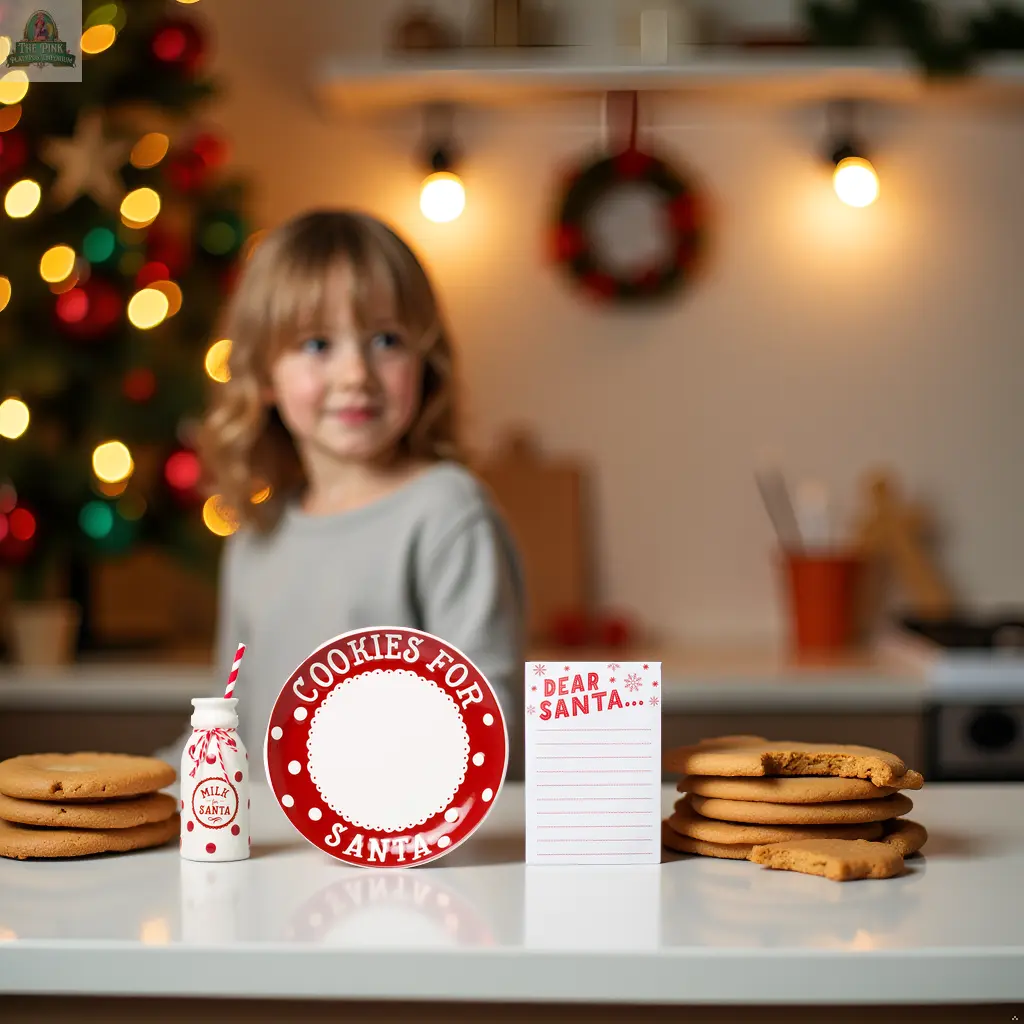 A young child stands at a kitchen counter with the Christmas Santa's Milk Jug, Plate and Dear Santa Notepad Set as a Christmas tree glows in the background.