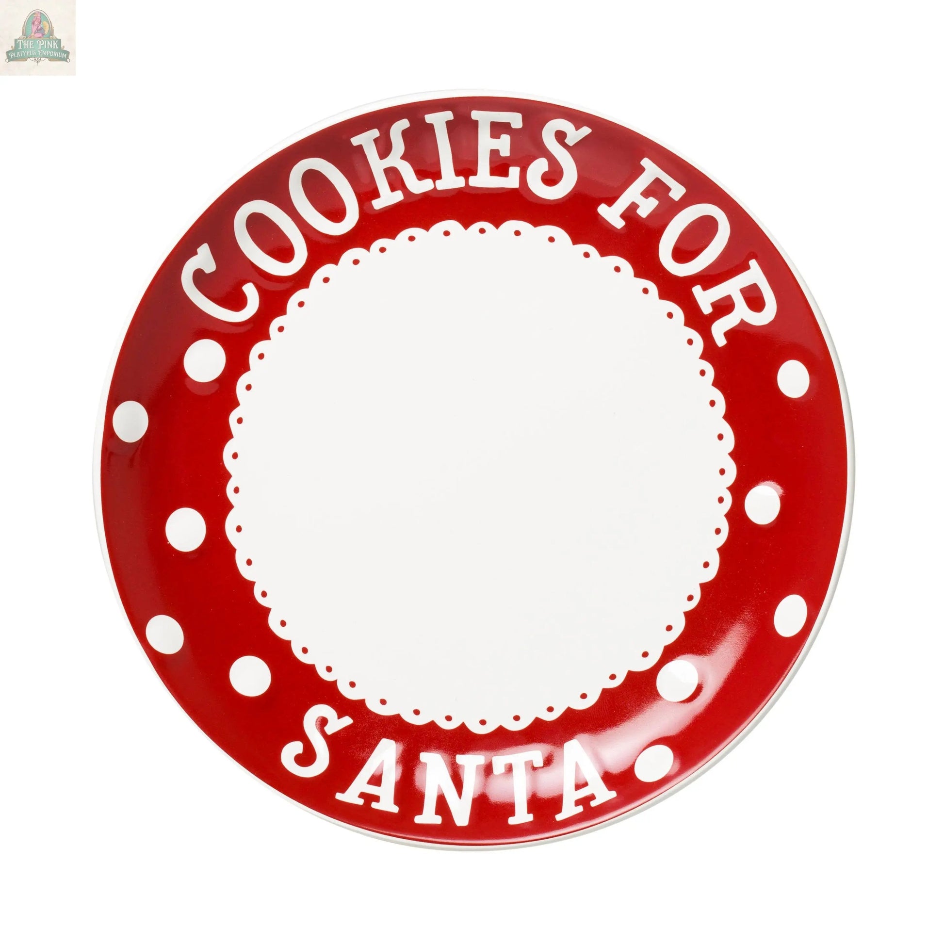 The Christmas Santa’s Milk Jug, Plate and Dear Santa Notepad Set includes a festive red cookie plate with white polka dots, a solid white center, and “COOKIES FOR SANTA” on the rim—ideal for your Christmas Eve kit.