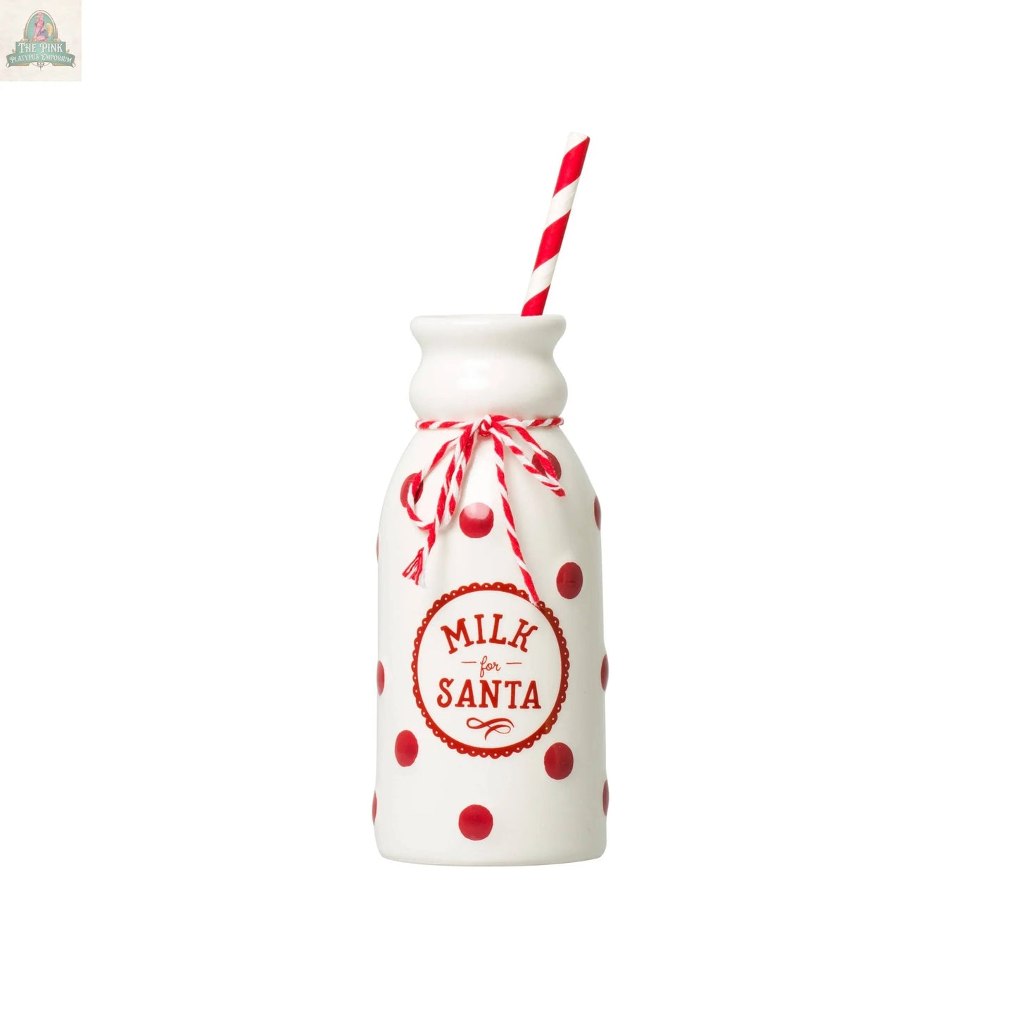 The Christmas Santa's Milk Jug features white glass with red polka dots, a striped straw, and a twine bow. "Milk for Santa" decorates the front—ideal for your Cookies for Santa set. Comes with a matching plate and Dear Santa notepad.