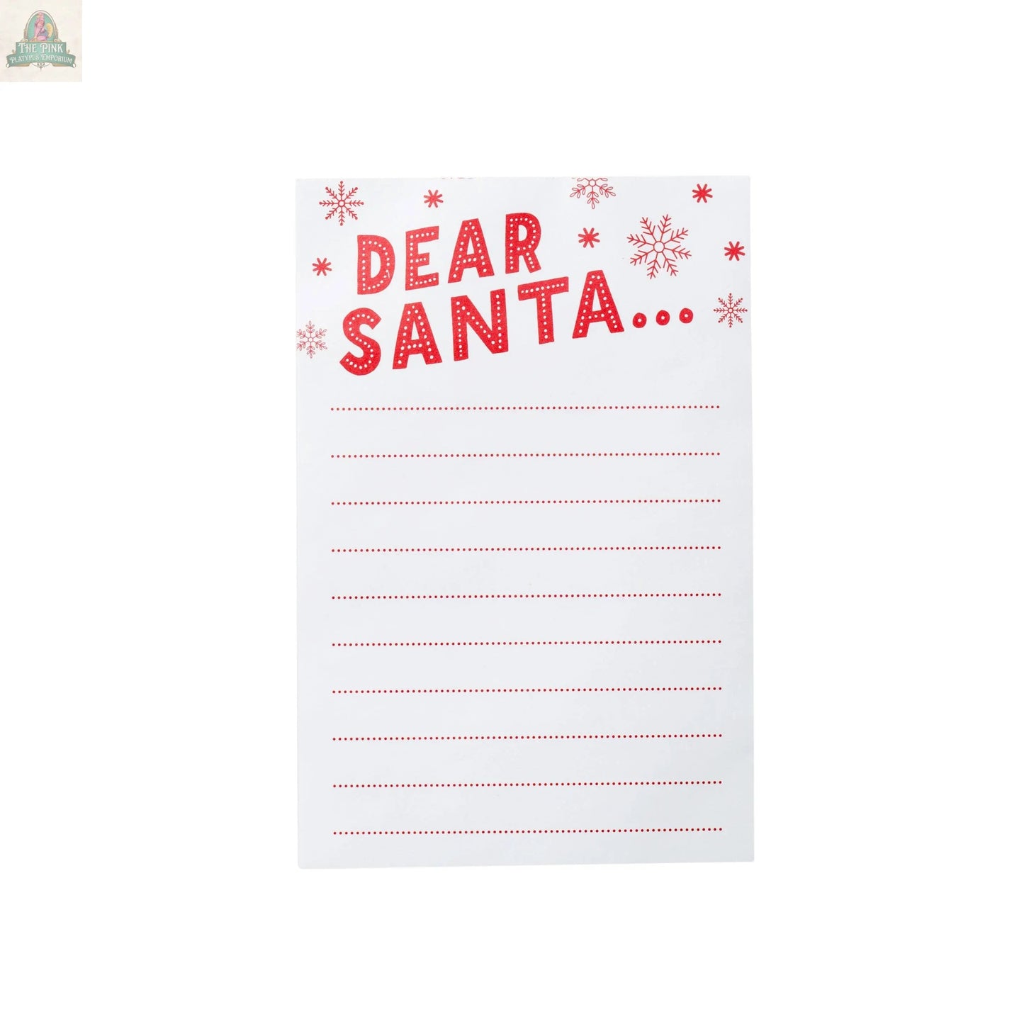 Write your holiday wishes on the Dear Santa notepad included in the Christmas Santa's Milk Jug, Plate and Notepad Set—featuring a festive design with red "DEAR SANTA..." lettering and snowflakes—perfect for Christmas Eve or pairing with cookies for Santa.