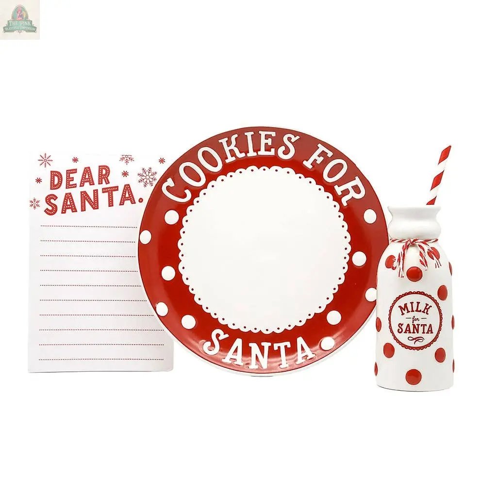 The Christmas Santa's Milk Jug, Plate and Dear Santa Notepad Set includes a red and white polka dot cookie plate, matching milk jug with striped straw labeled "Milk for Santa," and a "Dear Santa" notepad—ideal for Christmas Eve.
