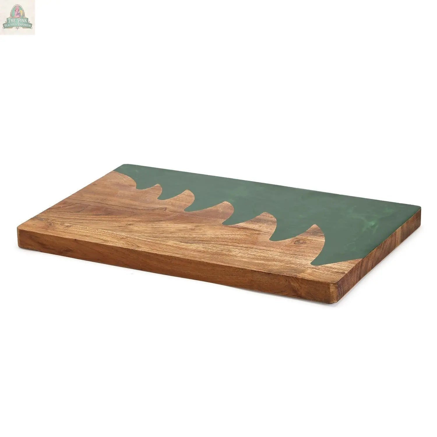 The Christmas Serving Board is a hand-crafted rectangular wooden charcuterie board featuring a wavy green resin inlay on one side, shown lying flat on a white background.