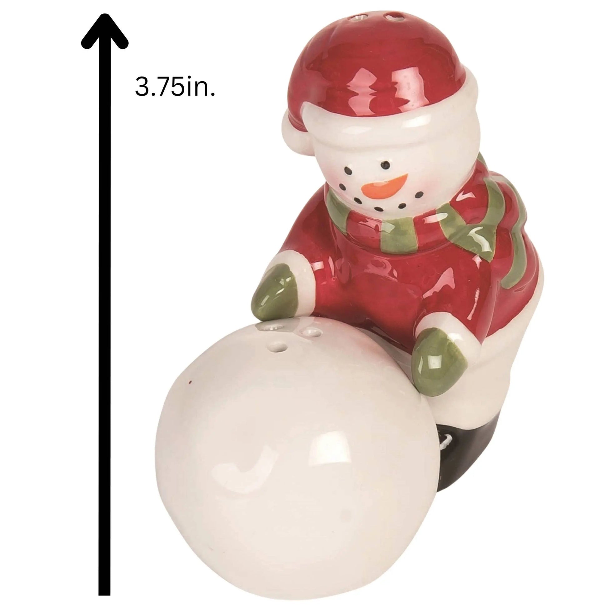 The Christmas Snowman Snowball Salt Pepper Shaker Set 2 DS is a 3.75-inch ceramic set featuring a snowman in a red hat and scarf pushing a snowball—perfect as a festive holiday gift or a charming holiday table accent.