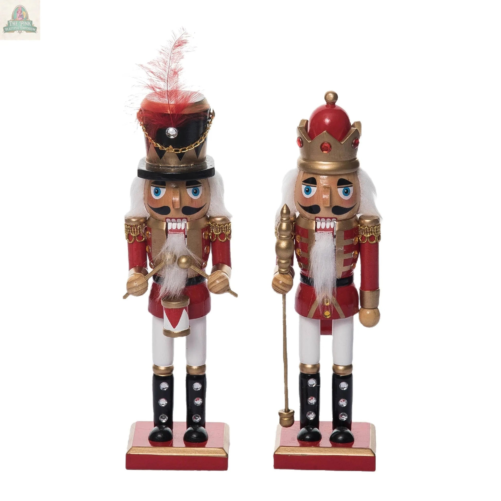The Christmas Wood Traditional Nutcracker Set of 2 features wooden nutcrackers in festive red and gold uniforms, each with a unique hat and white beard—ideal for holiday décor or as a special seasonal gift.