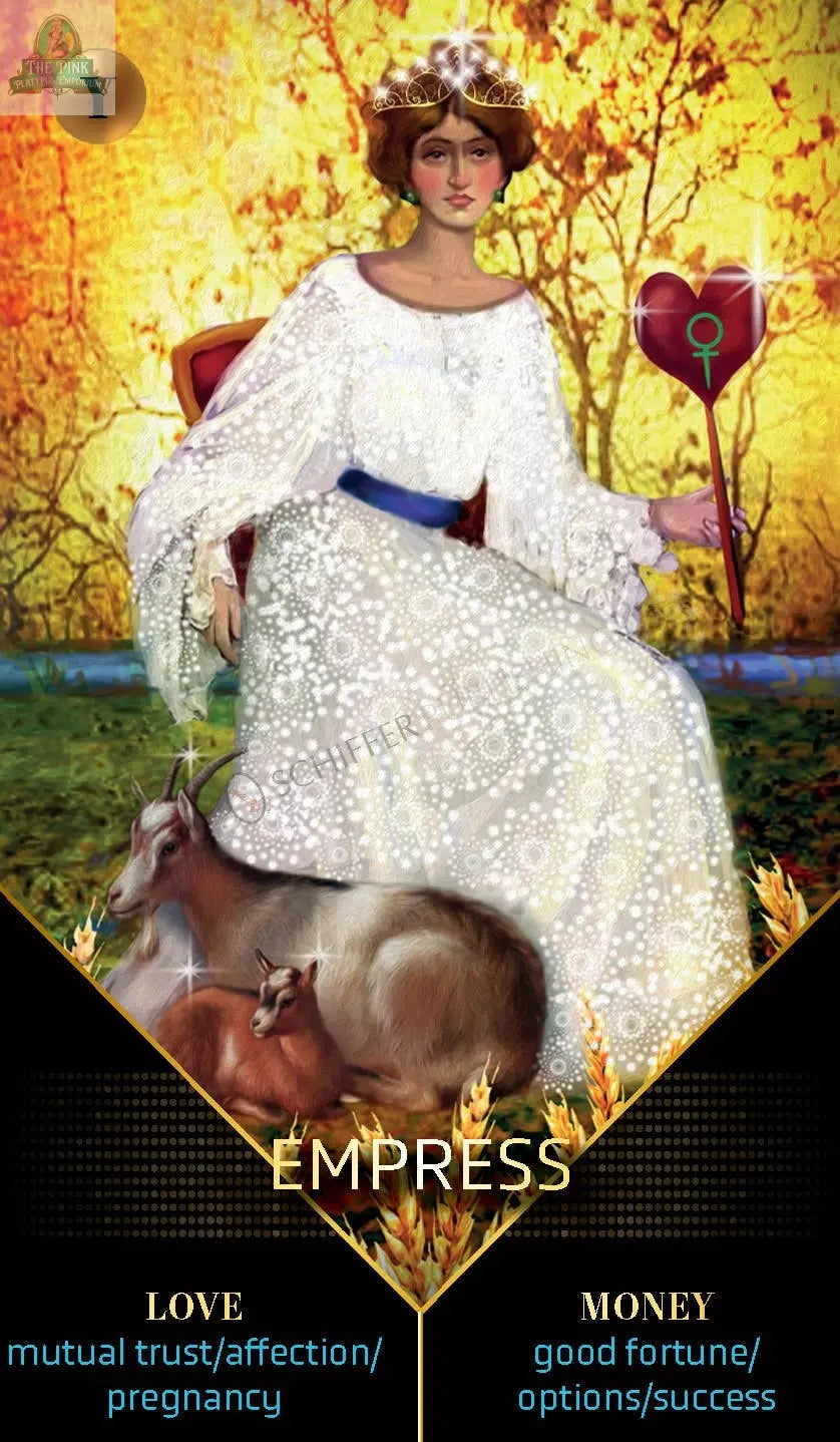The Clarity Tarot by REDFeather features the Empress card: a crowned woman in white on a throne, holding a scepter with two deer at her feet. The card shows love and money keywords below and is set against a bright, warm background.
