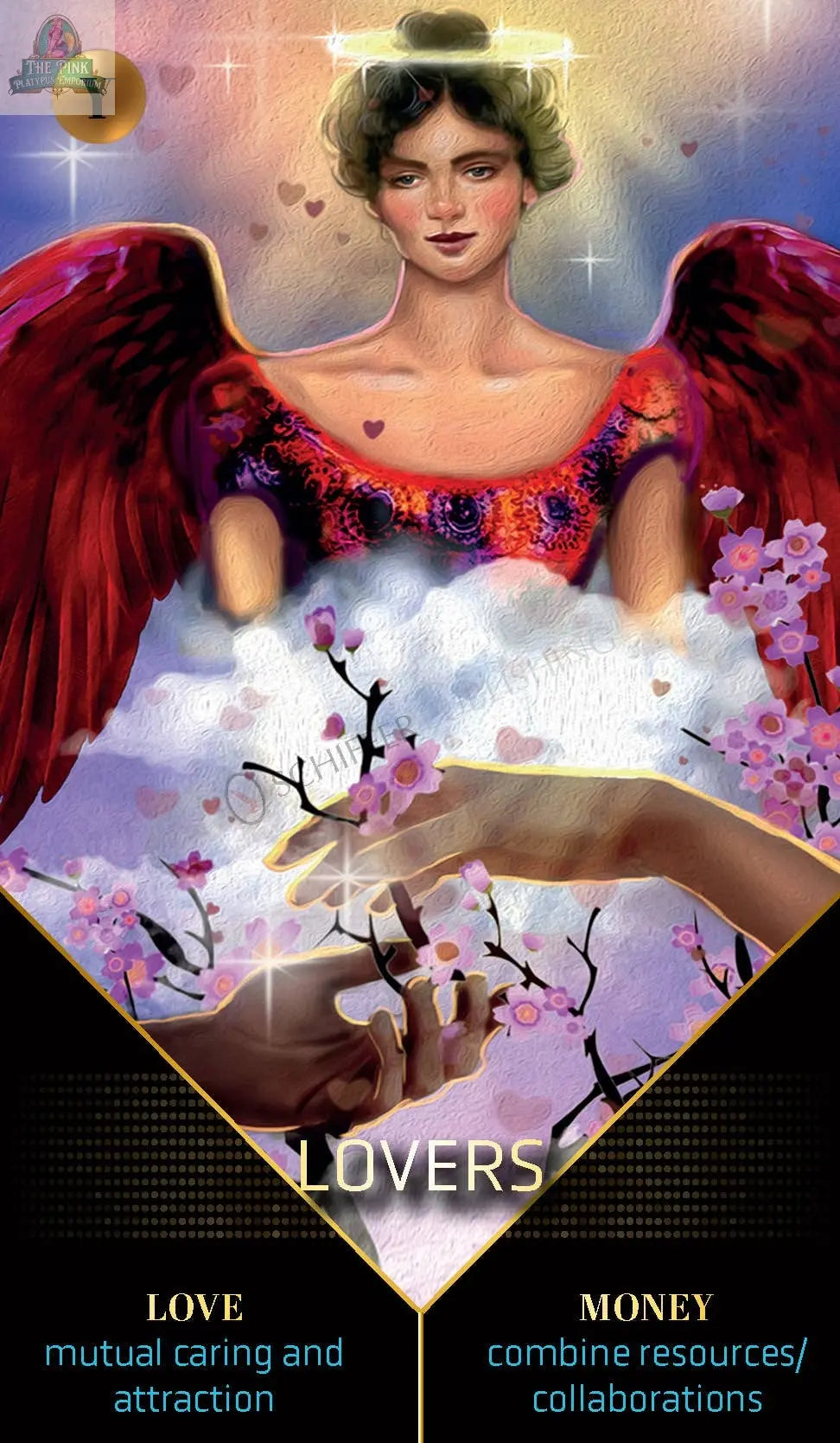An angelic figure with red wings and a floral dress floats above clouds and cherry blossoms, two hands reaching out—art from the Clarity Tarot by REDFeather. Lovers card: LOVE—mutual caring; MONEY—combine resources/collaborate.