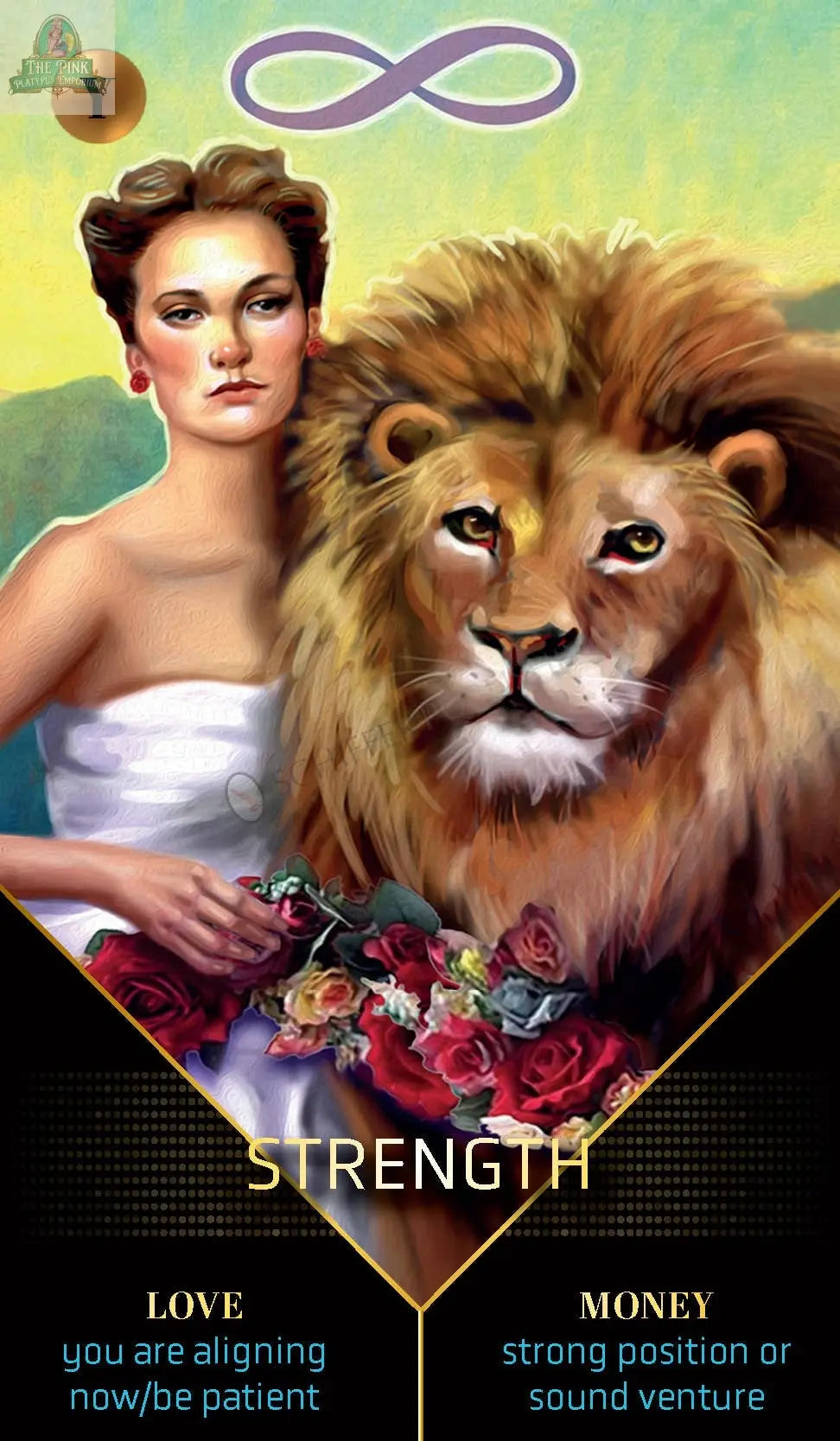 A woman in white stands beside a lion, holding red roses, with an infinity symbol above. The Clarity Tarot card by REDFeather reads “STRENGTH,” offering guidance for love and money at the bottom.