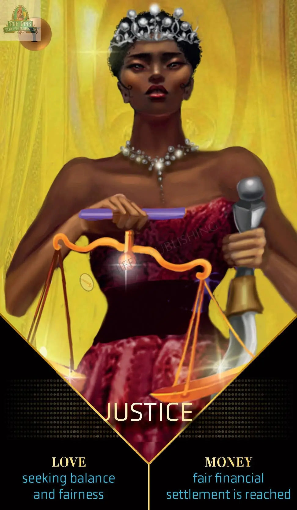 A queenly figure in red with a jeweled crown, golden scales, and silver sword from REDFeather's Clarity Tarot embodies justice. LOVE: seeking balance and fairness. MONEY: fair financial settlement is reached.