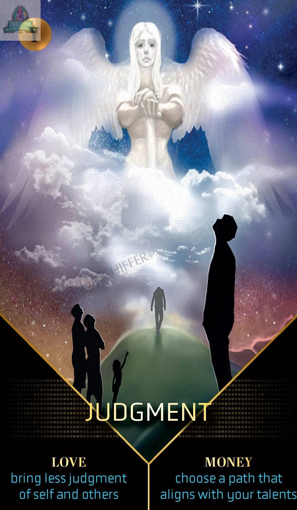 In the REDFeather Clarity Tarot deck, an angel with open arms appears above figures on a hill. Card: JUDGMENT. Message—LOVE: show less judgment to self/others. MONEY: pick a path that fits your talents.