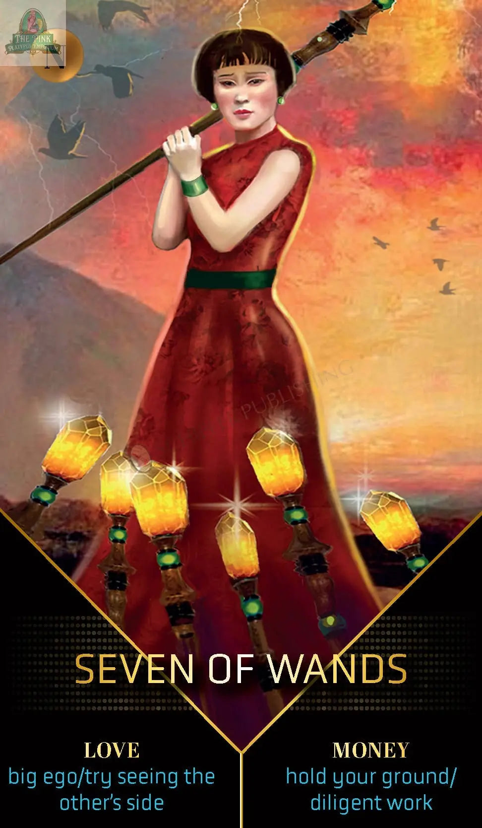 A woman in a red dress with a large wand stands among six glowing wands on the Seven of Wands from Clarity Tarot by REDFeather. Meaning: Love—big ego/see both sides. Money—stand firm/diligent effort.