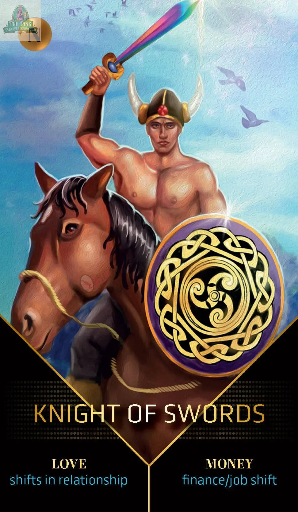 A warrior in a horned helmet rides a brown horse, wielding a glowing sword and ornate shield from the Clarity Tarot by REDFeather. Card: Knight of Swords. Text below reads, Love: shifts in relationship; Money: finance/job shift.