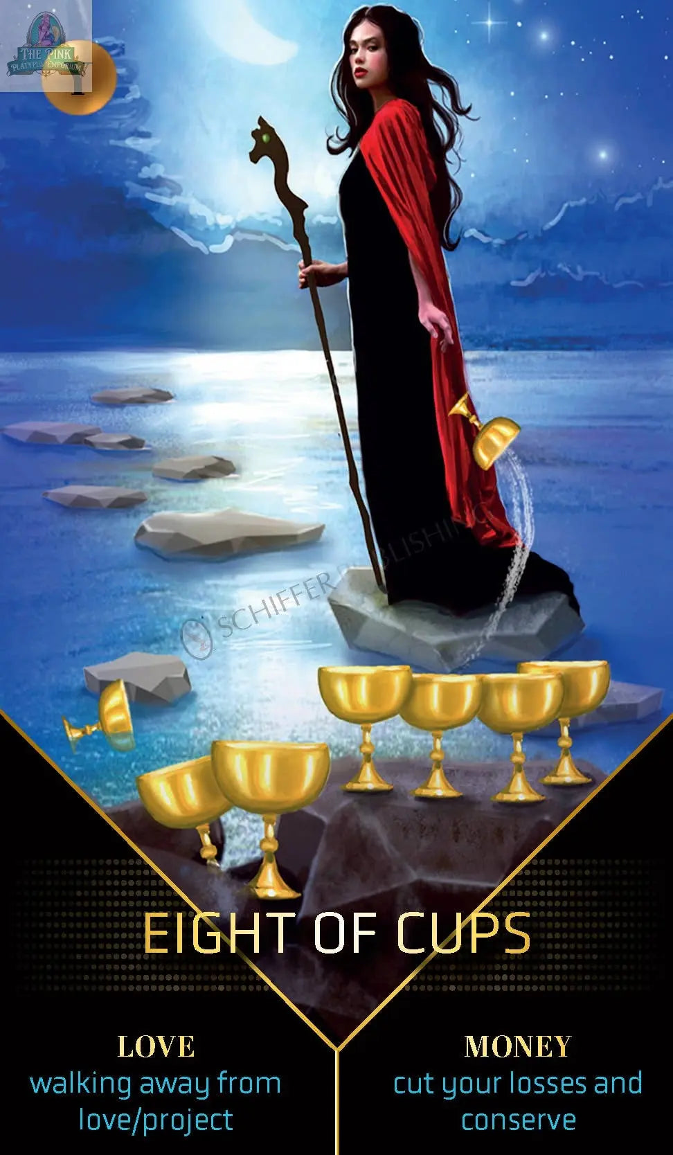 A woman in a red cape stands on rocks over water under a moonlit sky, holding a staff and pouring out a cup above eight golden cups. Clarity Tarot by REDFeather offers insights to communicate with spirit about love and money.