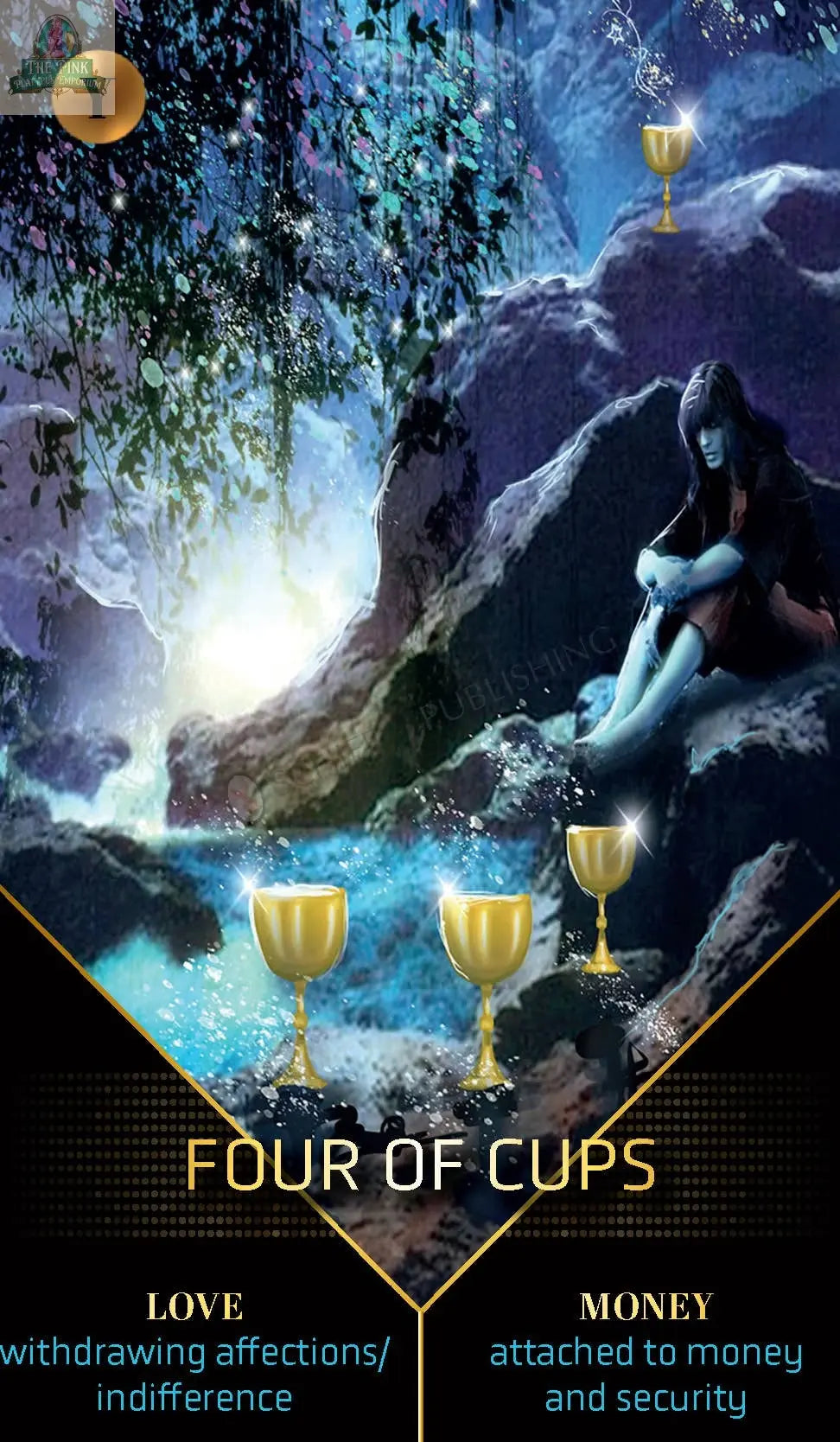 A girl sits by a glowing stream in a mystical forest at night, four golden cups floating before her. The Clarity Tarot by REDFeather invites introspection and quiet spiritual connection.