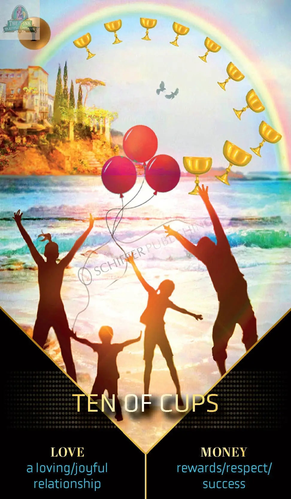 Four figures with raised arms celebrate at sunset on a beach, ten golden cups above. Below: “TEN OF CUPS—LOVE: joy in relationships, MONEY: rewards/success.” A Clarity Tarot card from REDFeather for spiritual guidance.