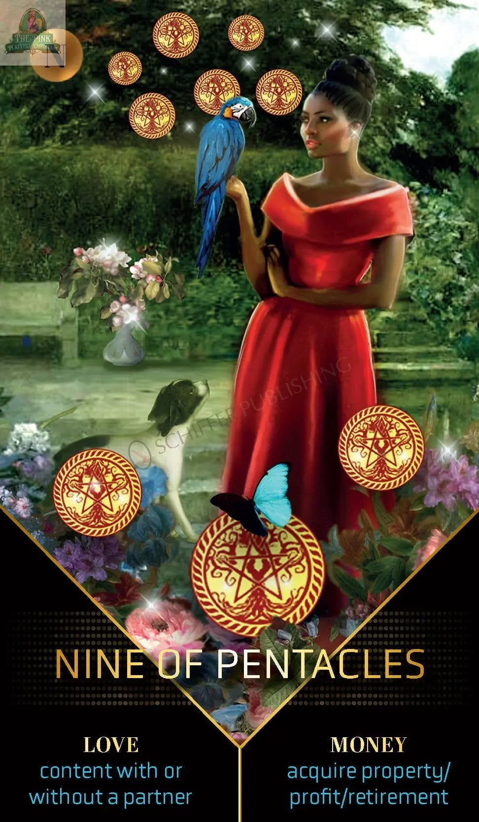 A woman in a red dress stands in a lush garden holding a blue parrot on the Clarity Tarot by REDFeather. Gold pentacles float above her with “NINE OF PENTACLES” and love and money keywords. Nearby are a cat, flowers, and butterfly.