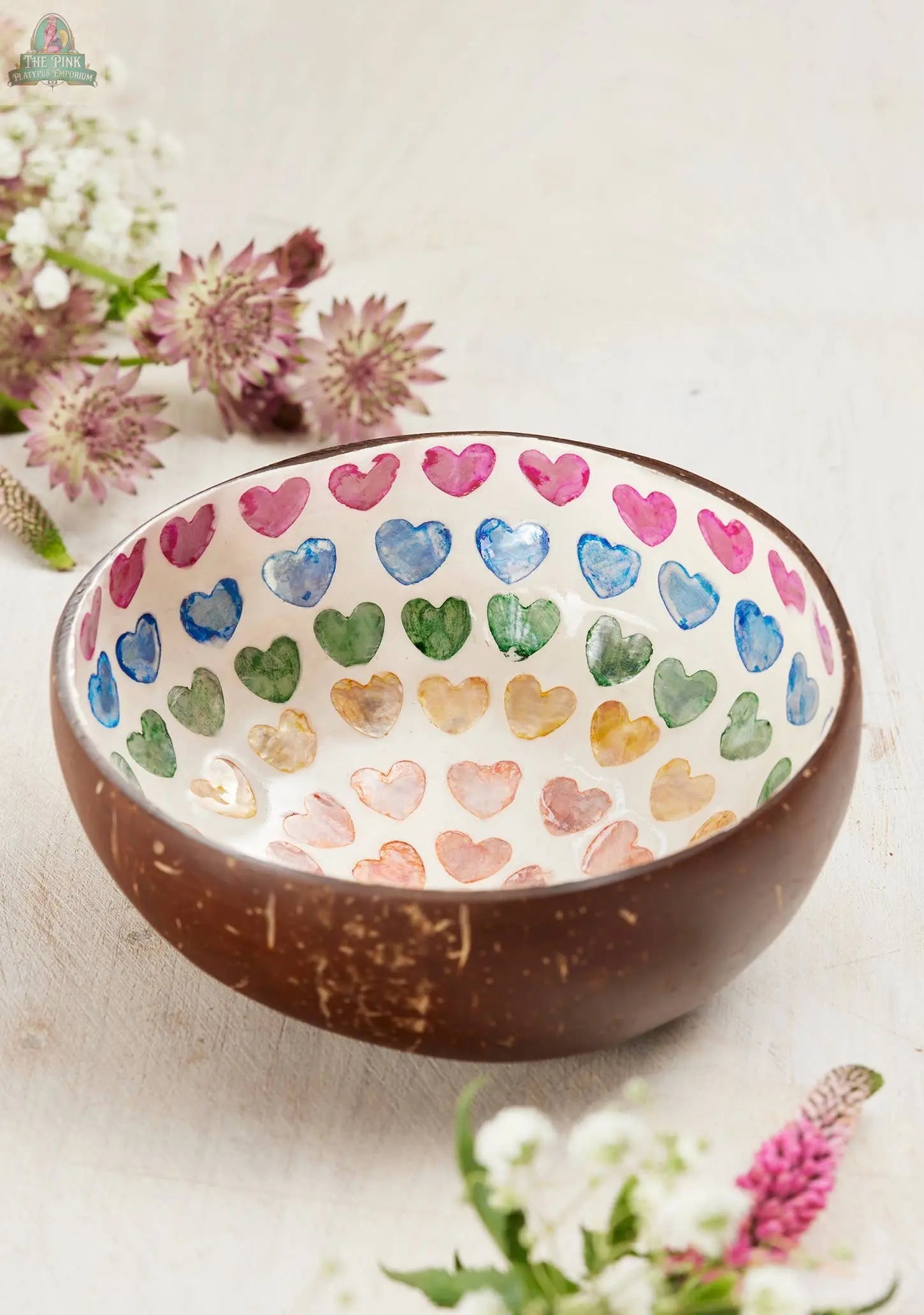 Coconut Bowl, Shell Rainbow Heart Namaste