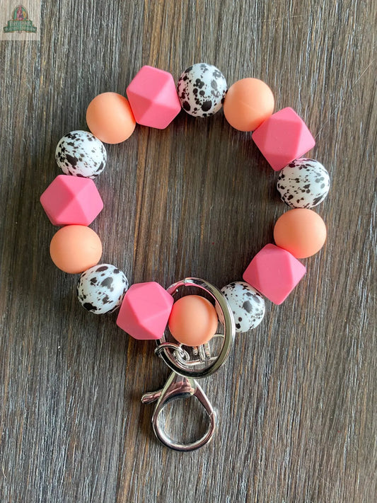 Coral and Black White with Pink Hex Bead Wristlet Keyring JILLIAN INK LLC