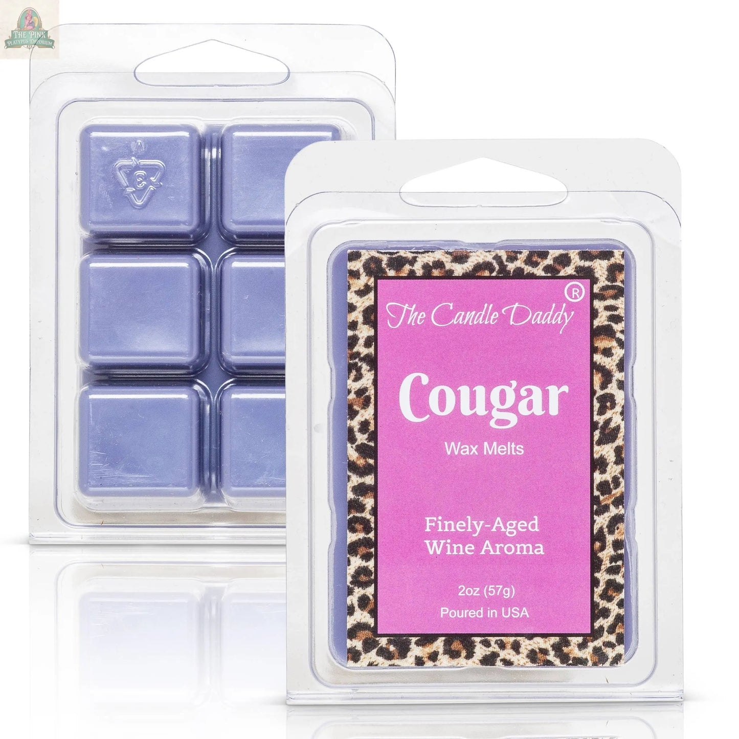 A pack of purple Cougar Fine Wine Scented Wax Melts Cubes (2oz) is shown with a leopard print border and six wax cubes, featuring "The Candle Daddy" branding and "Poured in USA.
